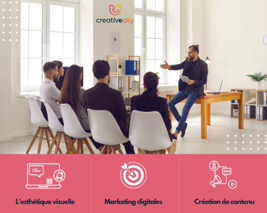 Group of people in a meeting room with a presenter, featuring the Creative City logo.